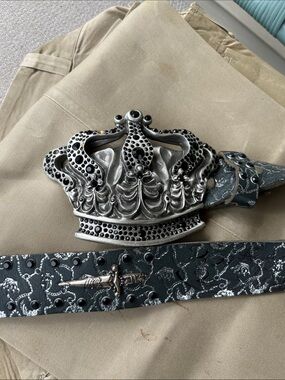 Christian Audigier Men's Black Belt with Ornate Silver Crown Buckle